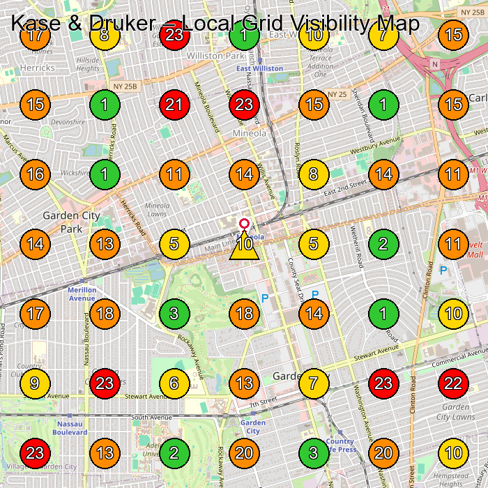 Kase & Druker Tax Attorney GeoGrid ranking map for Garden City NY